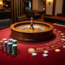 Meja roulette PMGC dengan roda berputar dan chip taruhan virtual